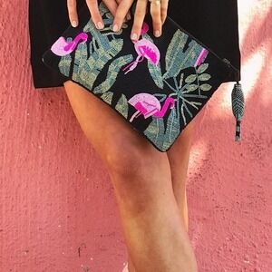 Denmari Punta Cana Beaded Clutch Black Pink Flamingos Tropical Leaves Handmade